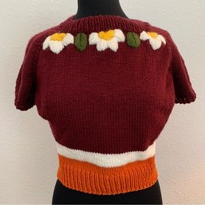 Handmade Maroon Knit Short Sleeve Sweater